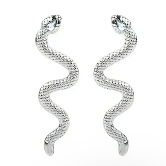 SNAKE Silver Tone Dangle Long Earrings 4" Serpent Black Eyes Fashion Jew… - Picture 7 of 8
